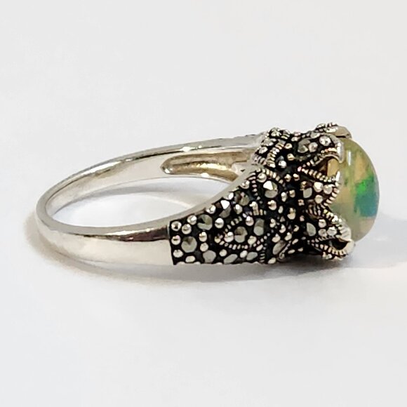 VTG 4.31g 925 Natural Ethiopian Welo Fire Opal W/ Marcasite Ring Sz 6 - Picture 9 of 15
